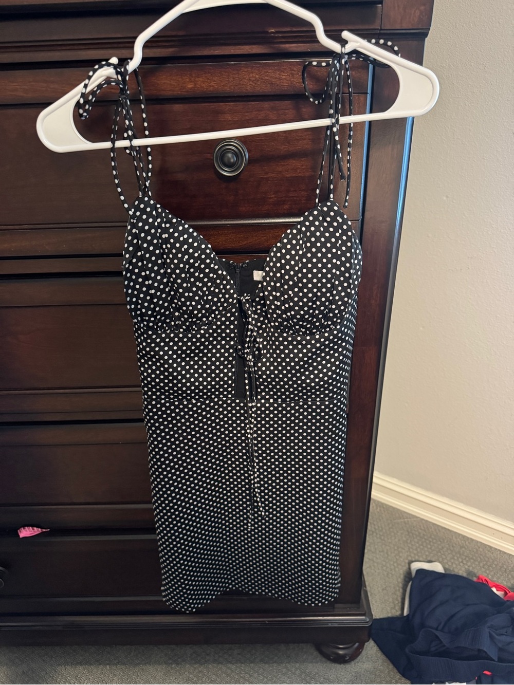 Black Polka Dot Tie-Shoulder Mini Dress